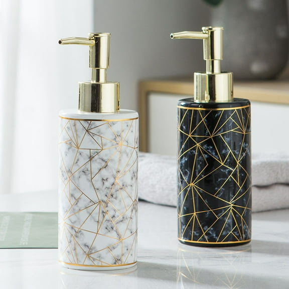 Walbest Marble Texture Soap Dispenser with Golden Pump Ceramic Lotion Storage Jar 300ml, Liquid Soap Dispenser Pump Bottle for Bathroom Kitchen Restaurant Hotel