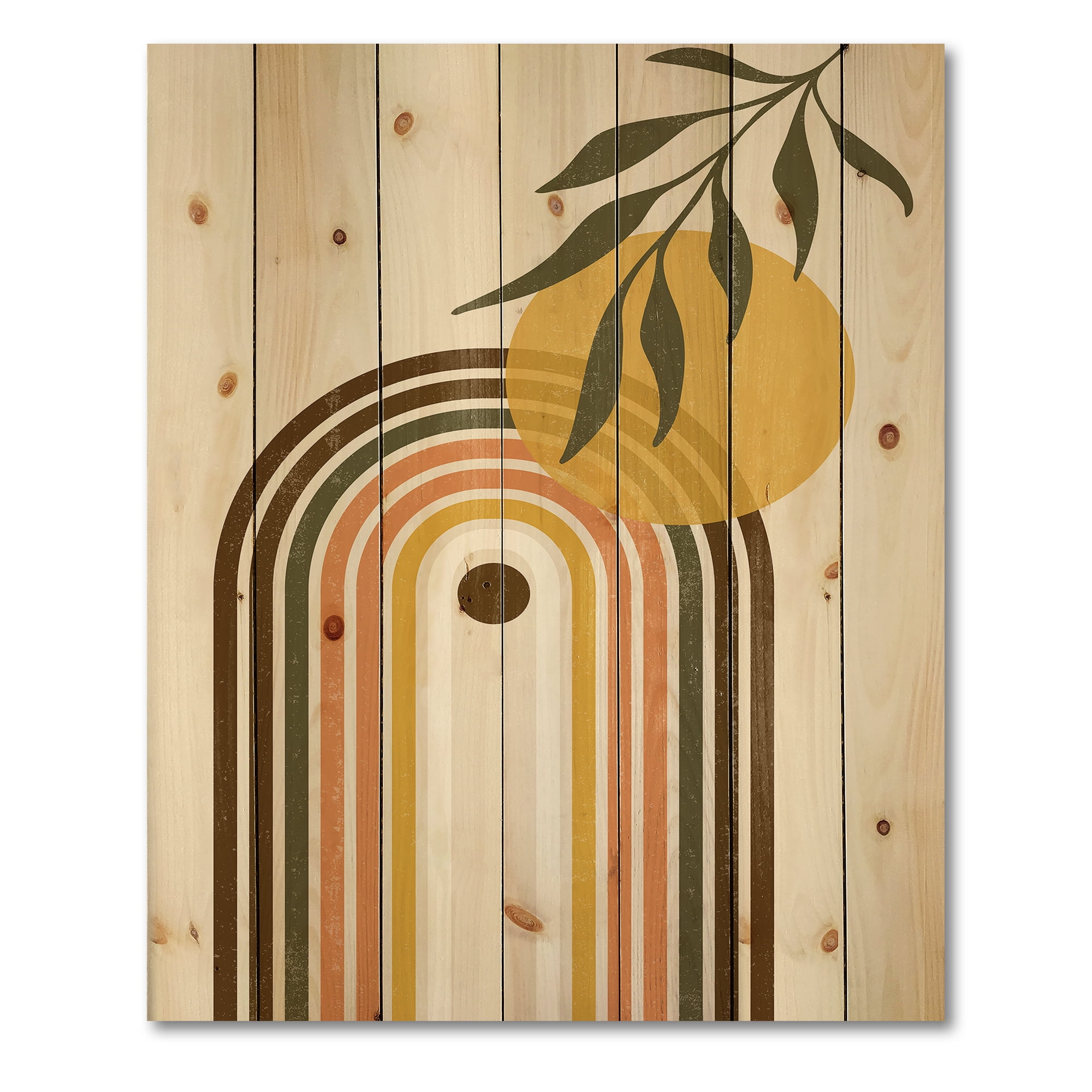 Designart 'Abstract Retro Rainbow With Yellow Sun' Modern Print on Natural Pine Wood