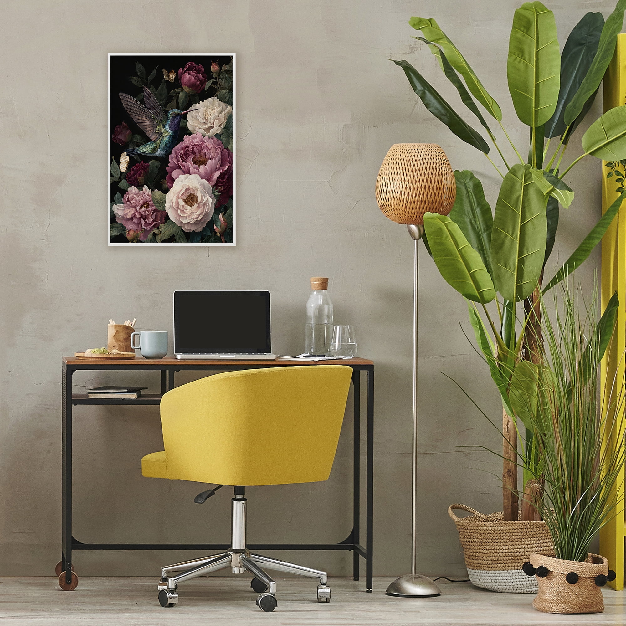 Stupell Industries Hummingbird & Lush Peonies White Framed Giclee Art, design by The Wands Want