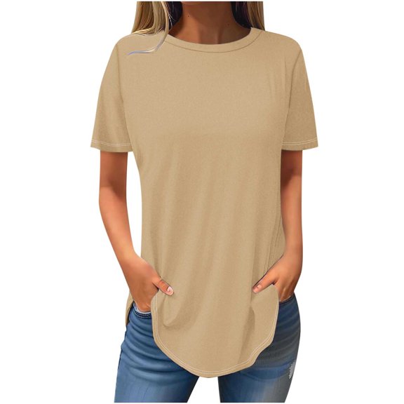 Gnshining Summer Tunic Tops for Women for Leggings Loose Solid Color Tunic Tops Crew Neck Short Sleeve Pullovers Tops