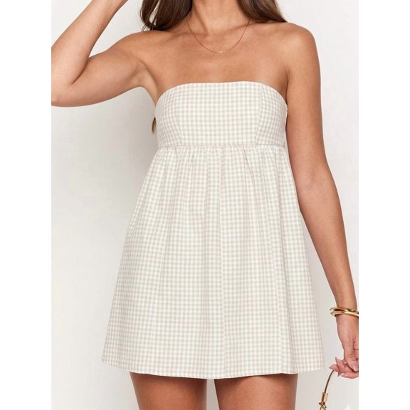 White Gingham Mini Strapless Bandeau Dress With Pleated Waist And Pockets