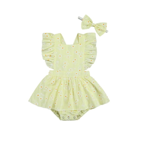 

jaweiw Baby Girls Romper with Headband Daisy Print Square Collar Ruffle Fly Sleeve Bodysuit+ Hairband Size 0 6 12 18 24 Months