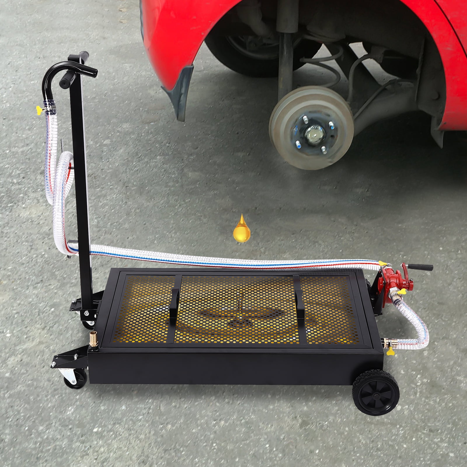 Oil Drain Pan 15gal, High-Quality Steel, Electrostatic Spraying, Manual Rotary Pump, Easy to Use and Move, Ideal for Workshop Disposal