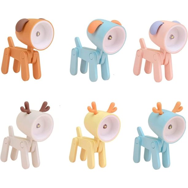 Paquete de 6 mini luces de noche, lámpara de escritorio LED con dibujos creativos de perros y ciervos con soporte para teléfono móvil, lámpara de estudio plegable y agradable a la vista