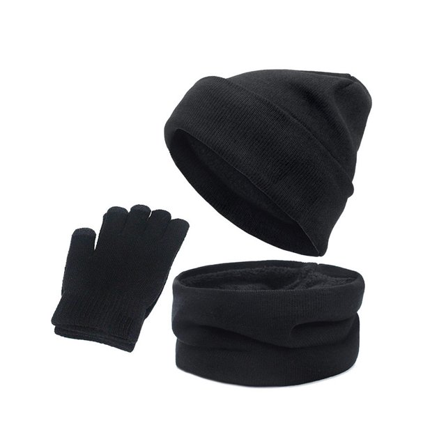 Gorro cálido Beanie 3 unids / set invierno a prueba sombrero de punto bufanda y guantes para frío mujeres hombres niñas senderismo - NEGRO Negro Magideal Gorro cálido Beanie