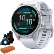 Garmin 010-02903-00 Fenix 8 43 mm, AMOLED, Silver with Whitestone Silicone Band Bundle with Workout Cooling Sport Towel & Deco Essentials Wearable Commuter Front and Rear Safety Light