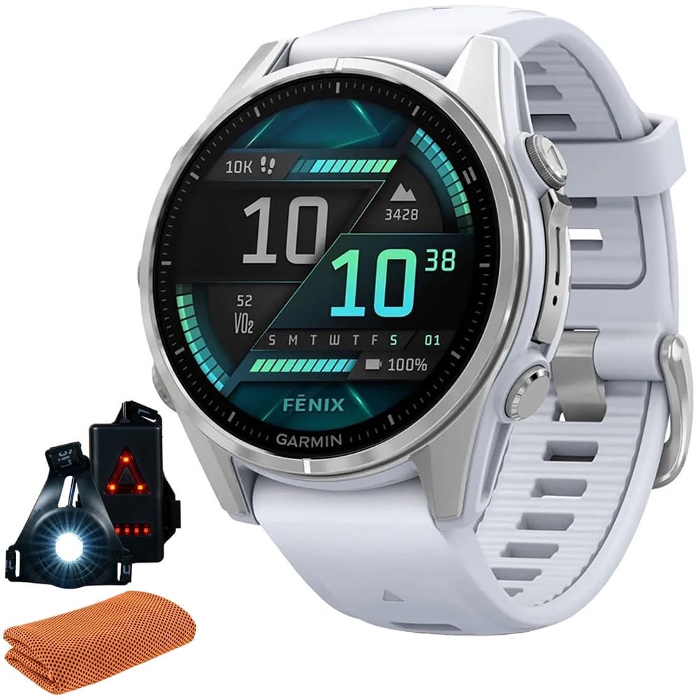 Garmin 010-02903-00 Fenix 8 43 mm, AMOLED, Silver with Whitestone Silicone Band Bundle with Workout Cooling Sport Towel & Deco Essentials Wearable Commuter Front and Rear Safety Light