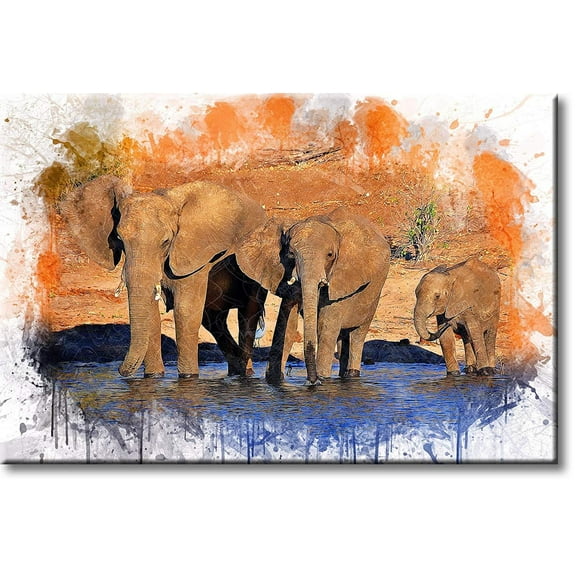 African Elephants Crossing Water Picture on Stretched Canvas, Wall Art Décor, Ready to Hang