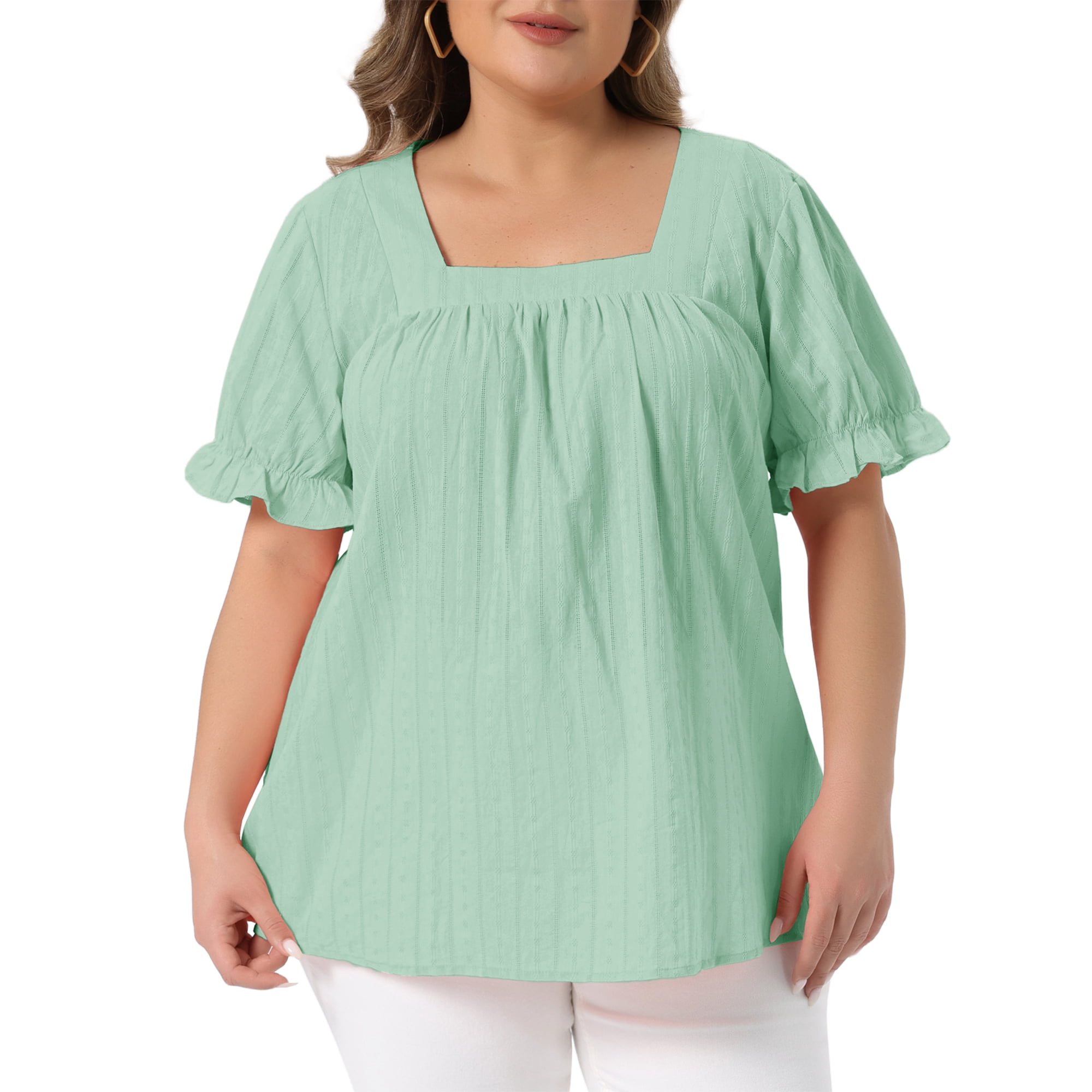 DARING DIVA Women's Plus Women's Top Casual Square Neck Ruffle Sleeve Blouse 1X Green