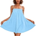 thumbnail image 2 of Summer Mini Dresses for Women Linen Spaghetti Strap Ruffle Swing Babydoll Dress Smocked Sleeveless Square Neck A Line Cute Dress 2XL, 2 of 9
