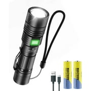 Tactical Flashlight with Rechargeable Battery Super Bright LED, High Lumen, Zoomable, 6 Modes, Water Resistant - Best Camping, Emergency Flashlights