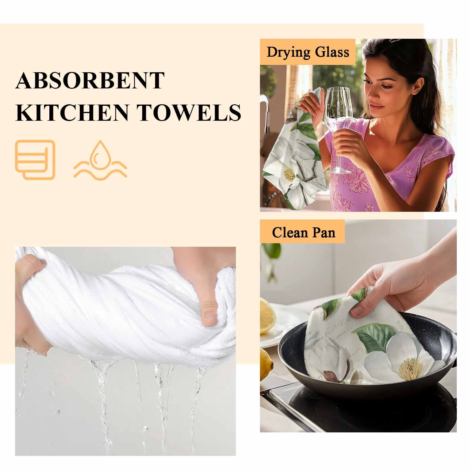 Retro Flowers Kitchen Towel Dish Cloths Set of 2, Microfiber Soft Kitchen Hand Towels, Farmhouse Leaf Branch Green Plants Absorbent Quick Drying Dishcloths 18 x 28 Inches
