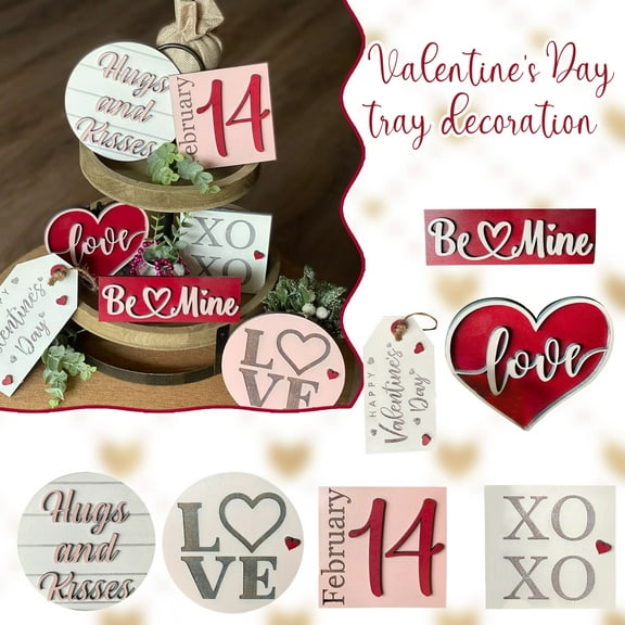 BCMMKLPP Valentine's Day Tiered Tray Decor Set Valentines Heart Wood Sign Rustic Farmhouse Decor Tiered Tray Decorative Trays Signs for Valentine's Day Table Holiday