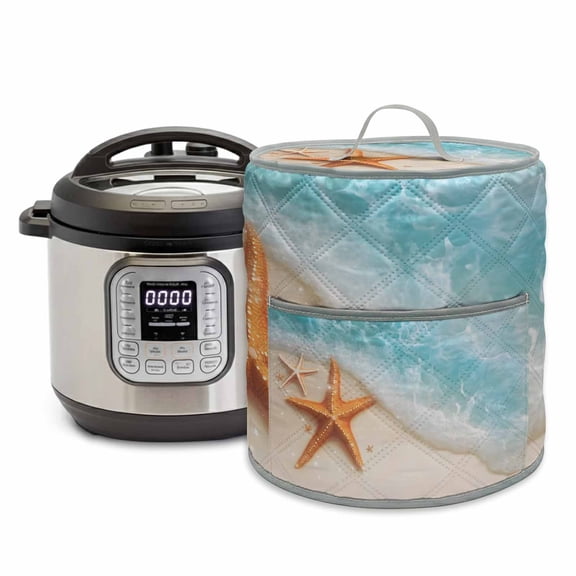 Summer Cyan Pressure Cooker Cover Teal Beach Scenery Seaside Starfish Coastal Dust Cover for Kitchen Appliances with Top Handle & Storage Pockets, Fits 6 Quart Instant Pot, Air Fryer, Crock Pot