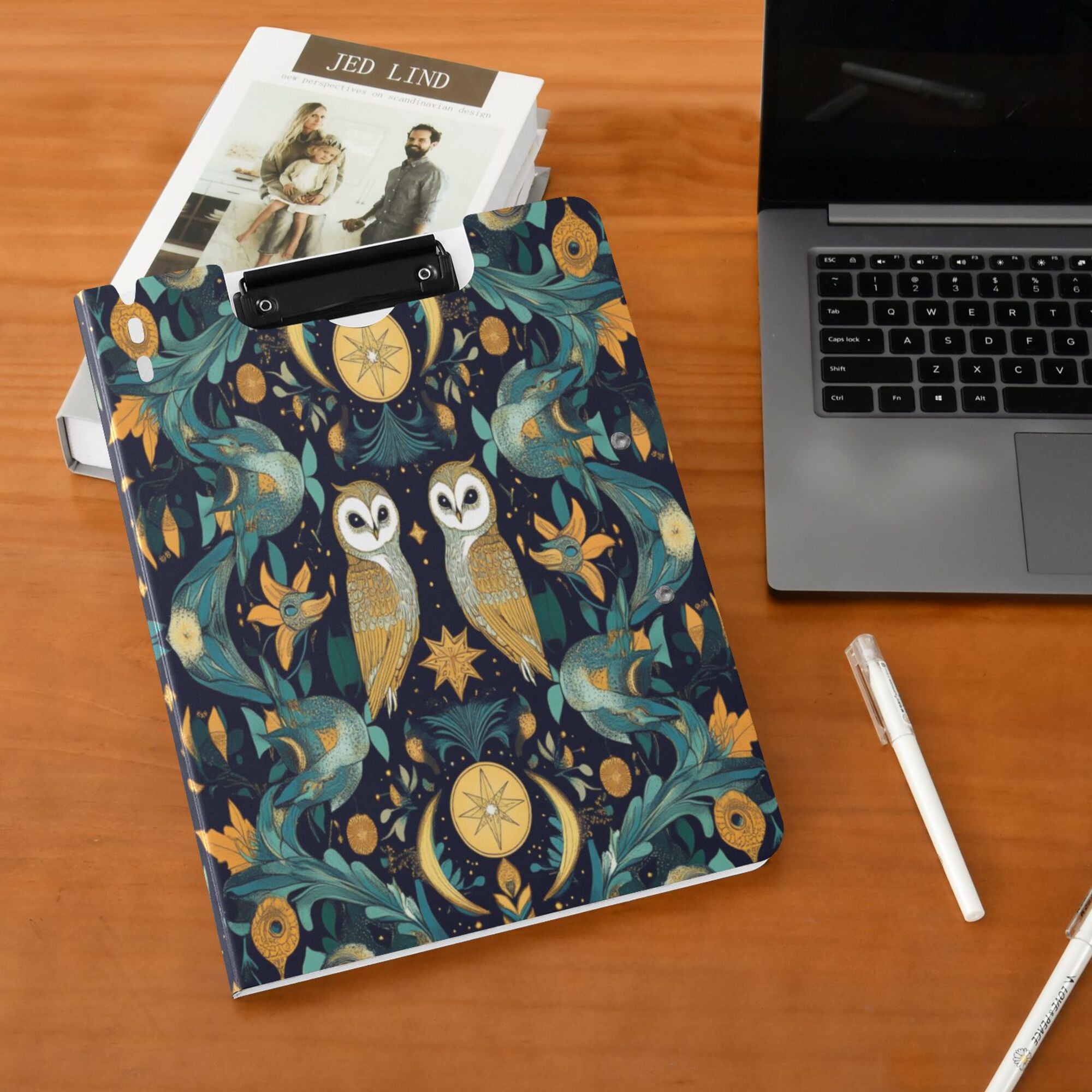FORMRS A4 Clipboard Folder with Pen Holder Horizontal Foldable School Office Binder, Brown Mystical Owls