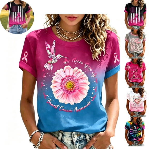 Mfakffe Breast Cancer Shirts for Women October Breast Cancer Awareness Casual Crew Neck Short Sleeve Tops with Pink Ribbon Print