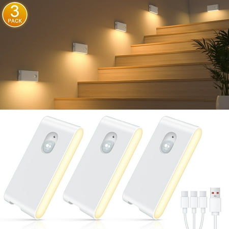 willed rechargeable motion sensor night lights, battery operated stair lights indoor, soft warm white stick on motion activated led night lights for hallway stairway bathroom bedroom kitchen, 3 pack