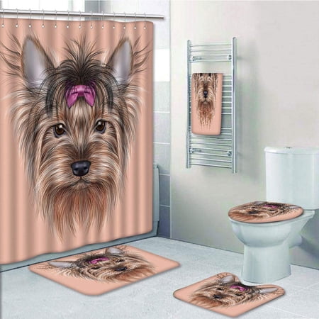 Erehome Yorkie Realistic Computer Drawn Of Yorkshire Terrier With Cute Ribbon Animal 5 Piece Bathroom Set Shower Curtain Bath Towel Bath Rug Contour Mat And Toilet Lid Cover Walmart Canada
