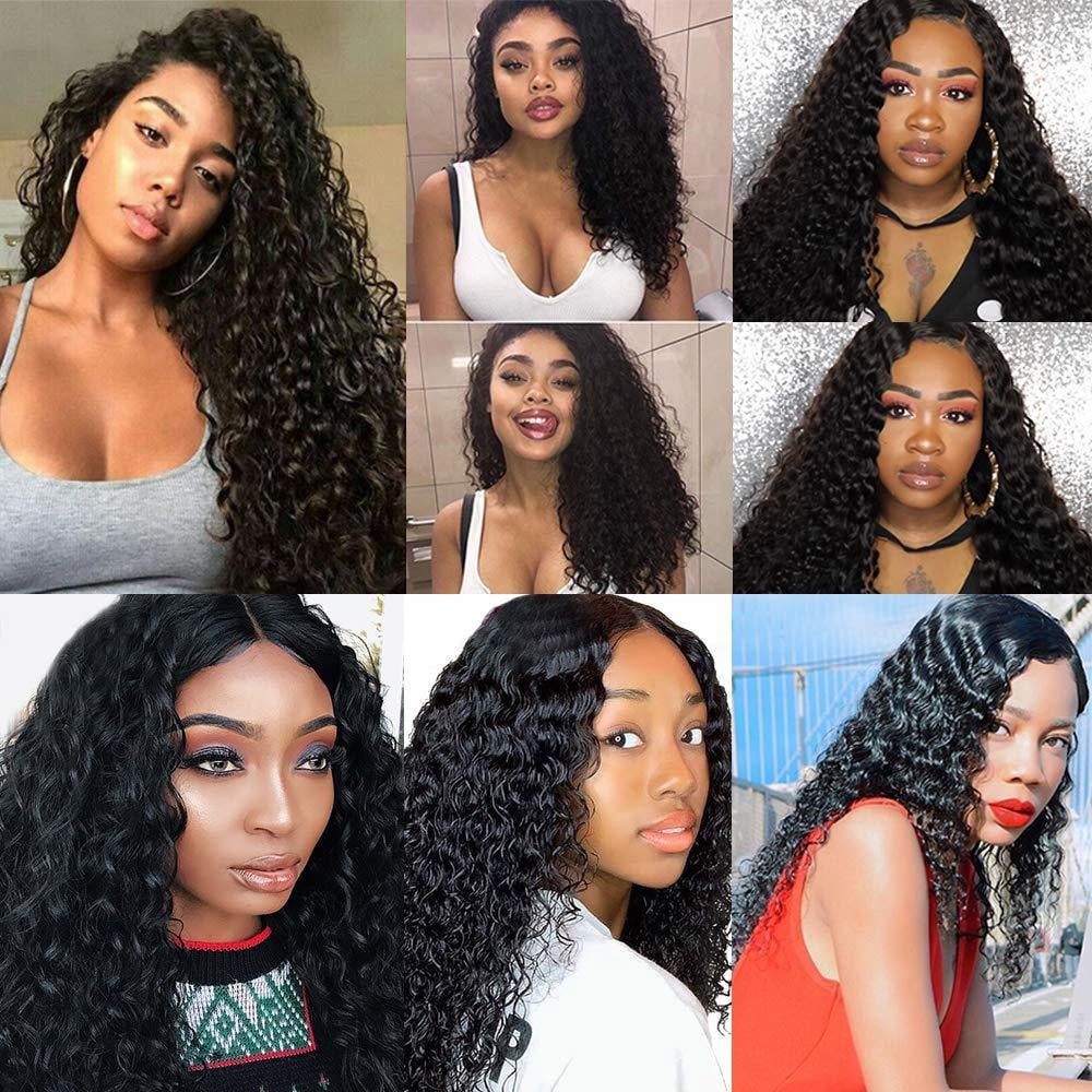 Brazilian Deep Wave Bundles with Closure 10A+ Brazilian Hair 100% Unprocessed Human Hair Extensions Bundles with Closure 4x4 Free Part Natural Black (12/14/16+10 Inch)
