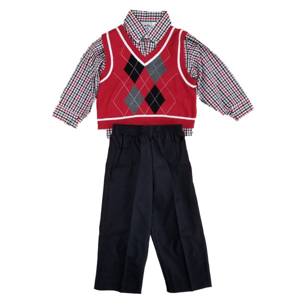 Happy Fella Toddler Boys 3pc Red Argyle Sweater Vest Plaid Shirt