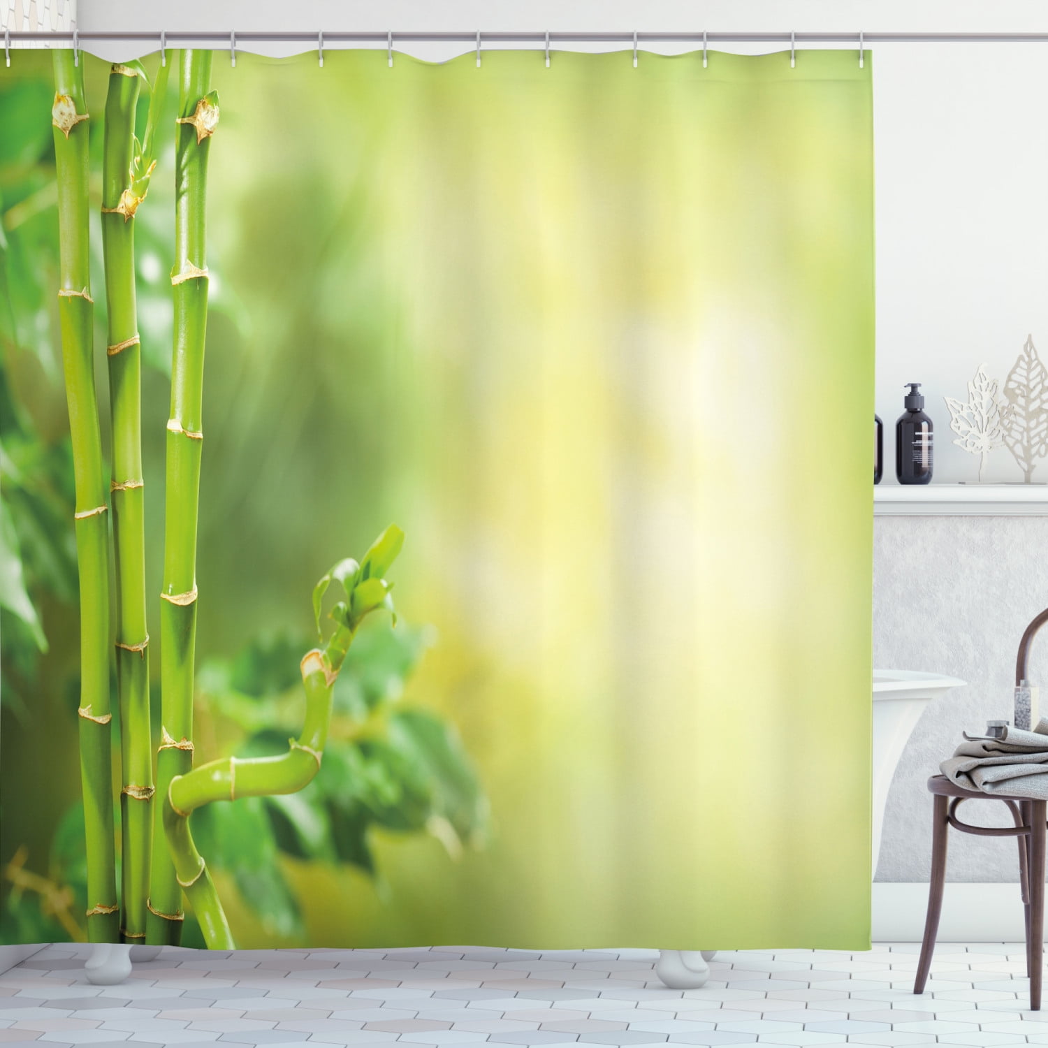 Spa Shower Curtain, Green Nature Bamboos with Other Tree Braches and
