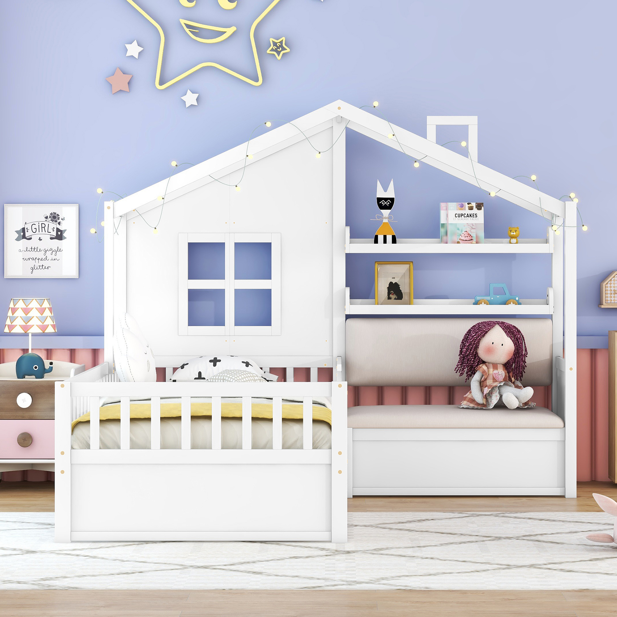 Euroco Wood Twin Size Platform Bed with Drawers, House Bed with Upholstered Bench, White