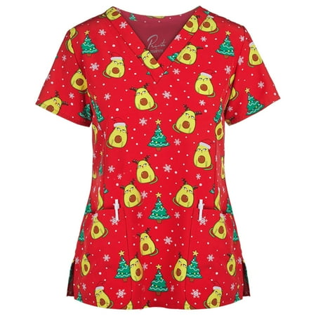 

yoeyez Scrub Tops Women Stretchy Women Short Sleeve V-neck Tops Working Uniform Christmas Thanksgiving Blouse Blusas MéDicas Para Damas