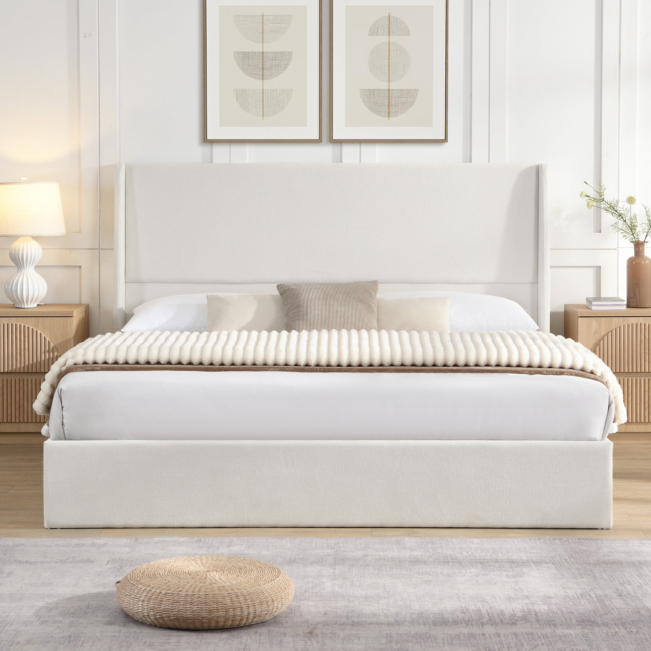 GDF Studio King Size Upholstered Bed with Chenille Fabric, High Headboard and 12-Slat Support, Beige