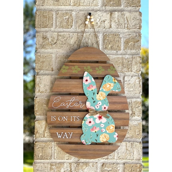 Easter Spring Bunny Decor Egg Shaped / Easter On Its Way Sign / Wall Room Door Pastel Colorful Wooden Hanging Ornament 16"x12"
