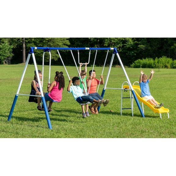 XDP Recreation Play All Day Metal Swing Set and Slide with Fun Glider for 2, 2 Swings and a Trapeze Swing