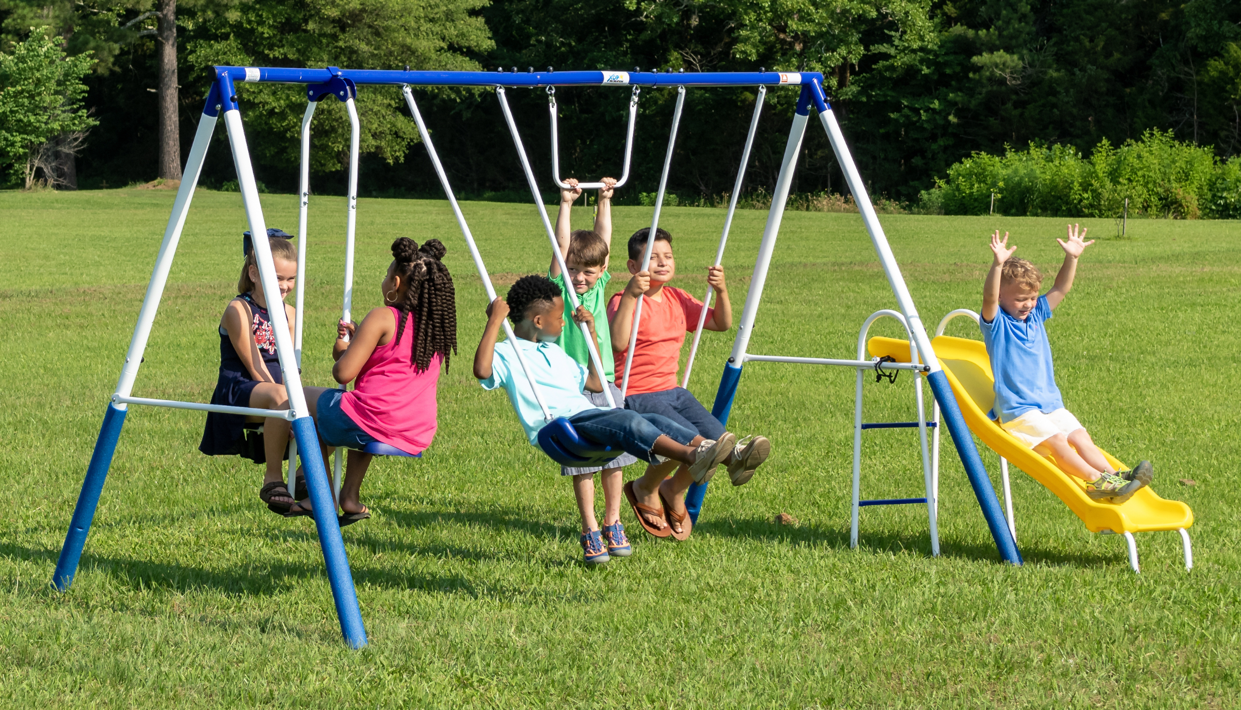 XDP Recreation Play All Day Metal Swing Set with Fun Glider, Bench Swing Seats, Trapeze, Wave Slide - image 2 of 9