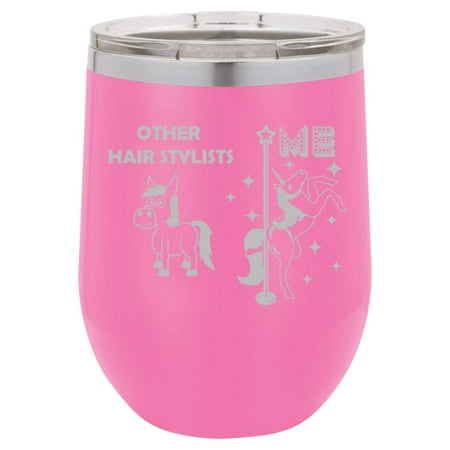 

12 oz Double Wall Vacuum Insulated Stainless Steel Stemless Wine Tumbler Glass Coffee Travel Mug With Lid Hair Stylist Superstar Unicorn Funny (Hot Pink)