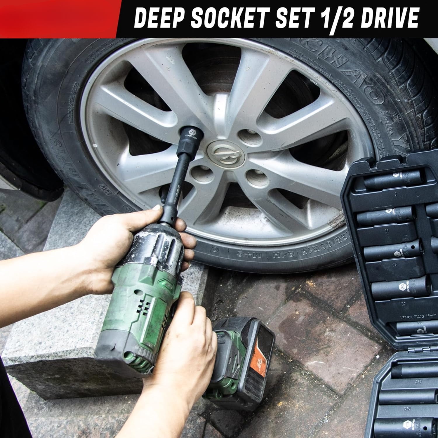 1/2 inch Drive Deep Impact Socket Set, 37 Piece Standard SAE 3/8" to 1-1/4" | Metric 8 to 24mm, Includes Spark Plug Socket (16, 21mm), CR-MO Universal Joint, Extension Bars and Adapter