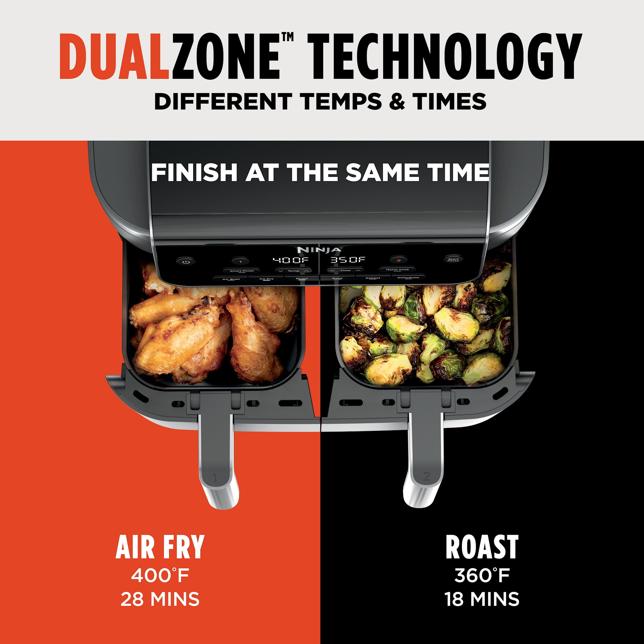 Ninja DualZone Air Fryer 8-Qt, 6-in-1, 2 Baskets, Smart Finish & Match Cook, Air Fry Roast Bake, DZ801 Gray