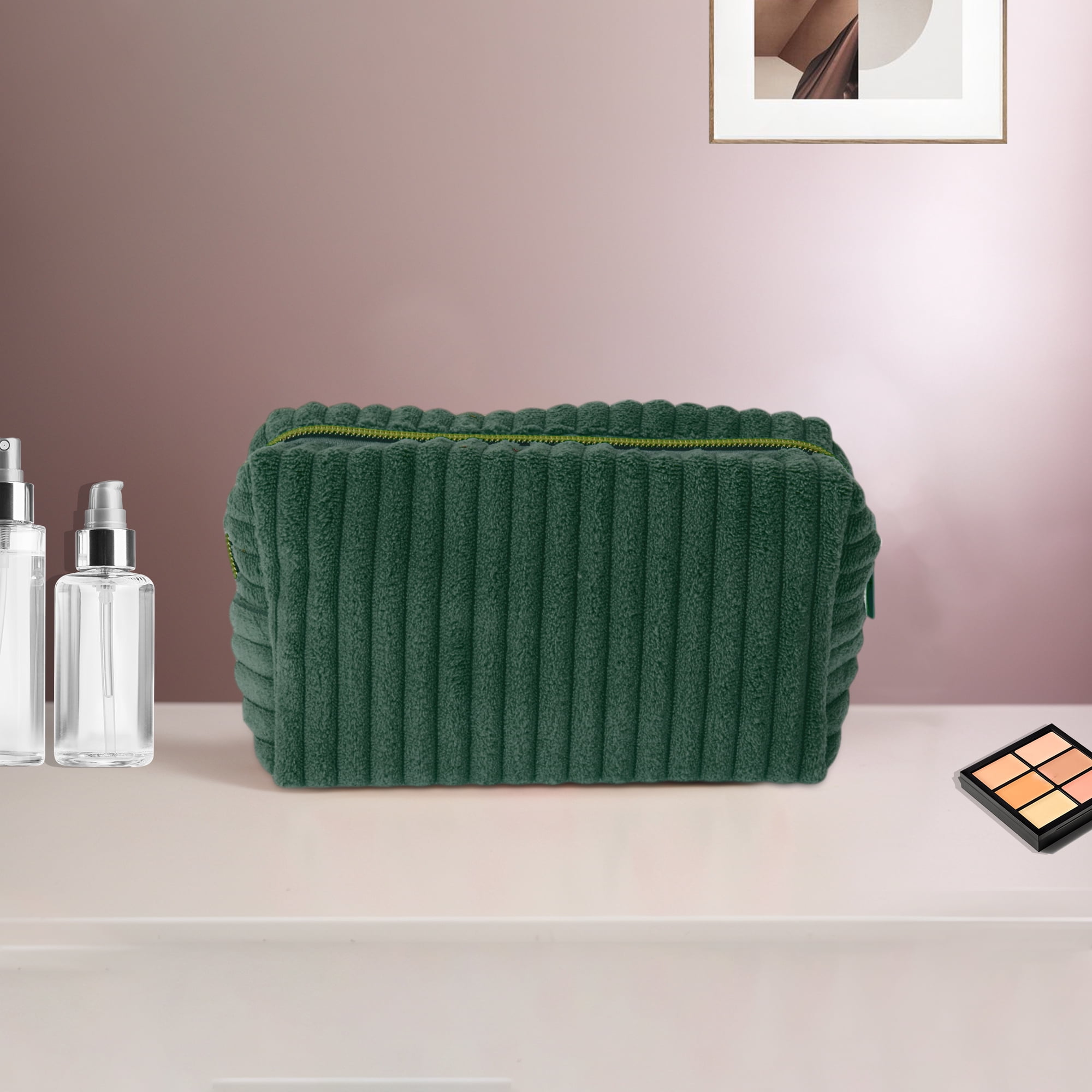 Unique Bargains 1 Pc Vertical Stripe Pattern Makeup Bag Dark Green