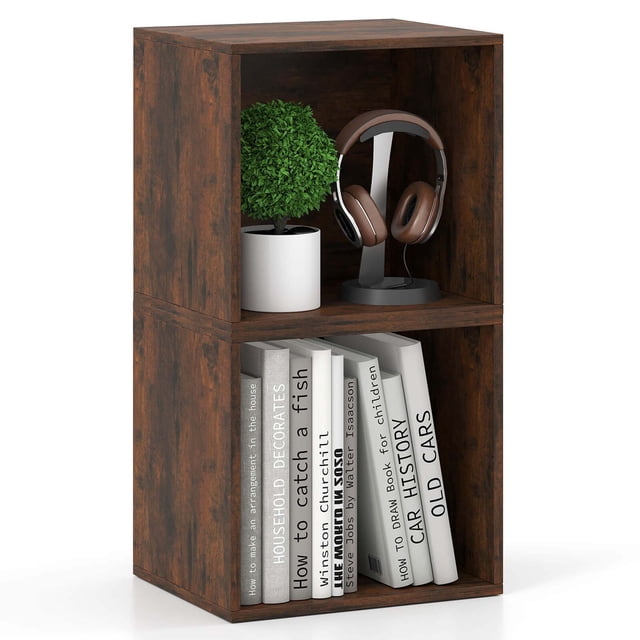 Costway 2 PCS Wooden Cube Storage Organizer Stackable Open Book Shelf for Small Space Brown