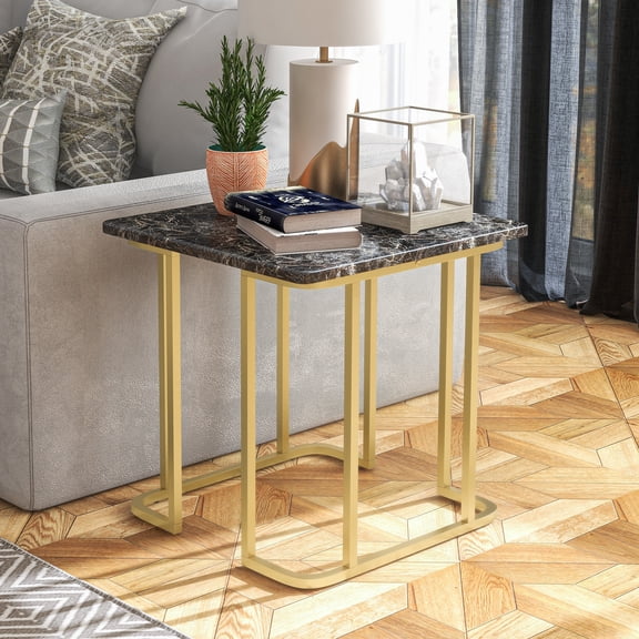 Deeanne Faux Marble Top End Table, Gold and Black