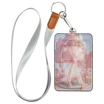 PU Leather ID Badge Holder Stylish Badge Holders with Lanyard (4.3x2.8x0.3in) for Cards & Credentials Cute Ferris Wheel