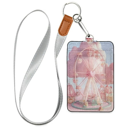 PU Leather ID Badge Holder Stylish Badge Holders with Lanyard (4.3x2.8x0.3in) for Cards & Credentials Cute Ferris Wheel