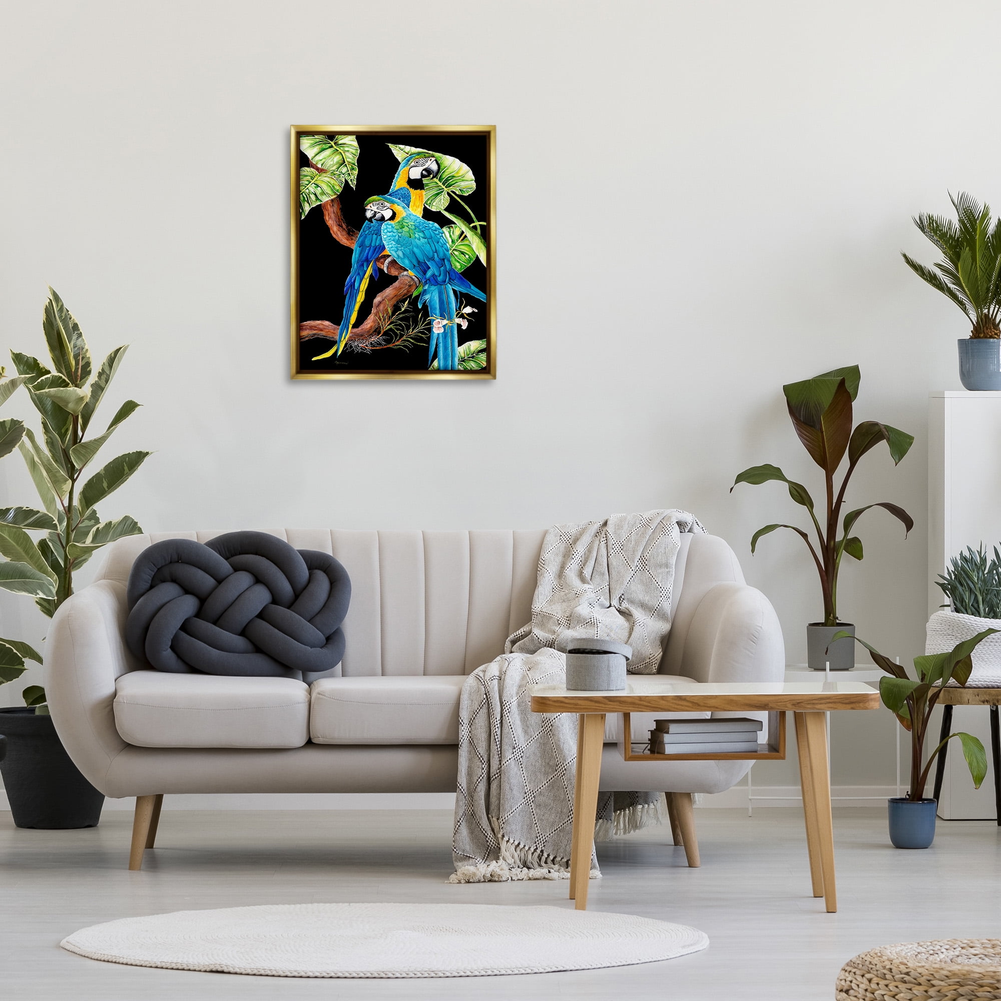Stupell Industries Parrots Perched on Branch Animals & Insects Painting Gold Floater Framed Canvas Art Print Wall Art, 25 x 31