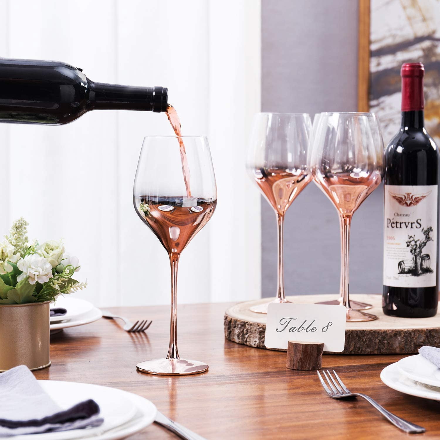 MyGift 19 oz Luxury Electroplated Rose Gold Crystal Stemware Wine Glasses, Set of 4