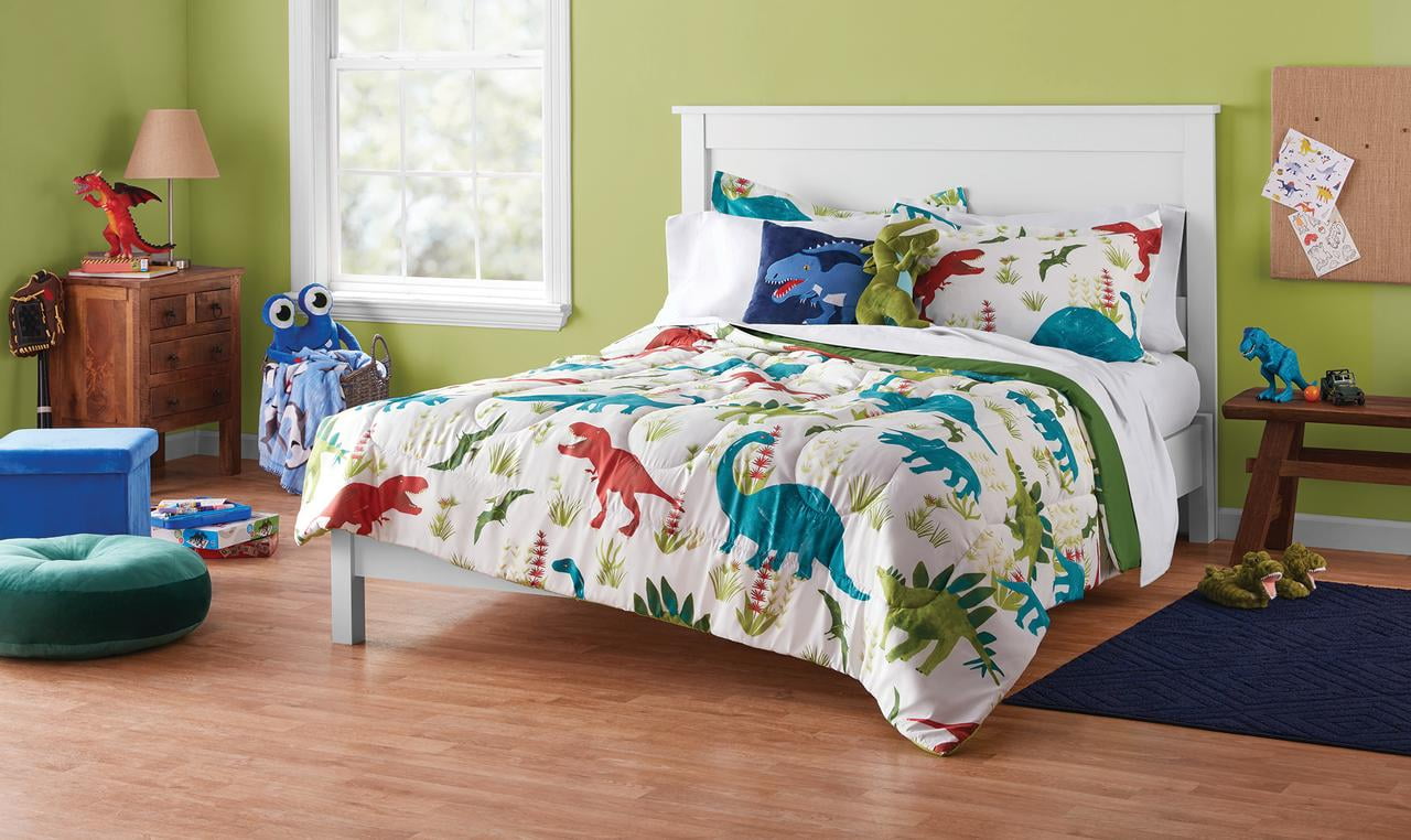 Your Zone Kids Green and Blue Dinosaur 7 Piece Bed in a Bag with sheet set, Full