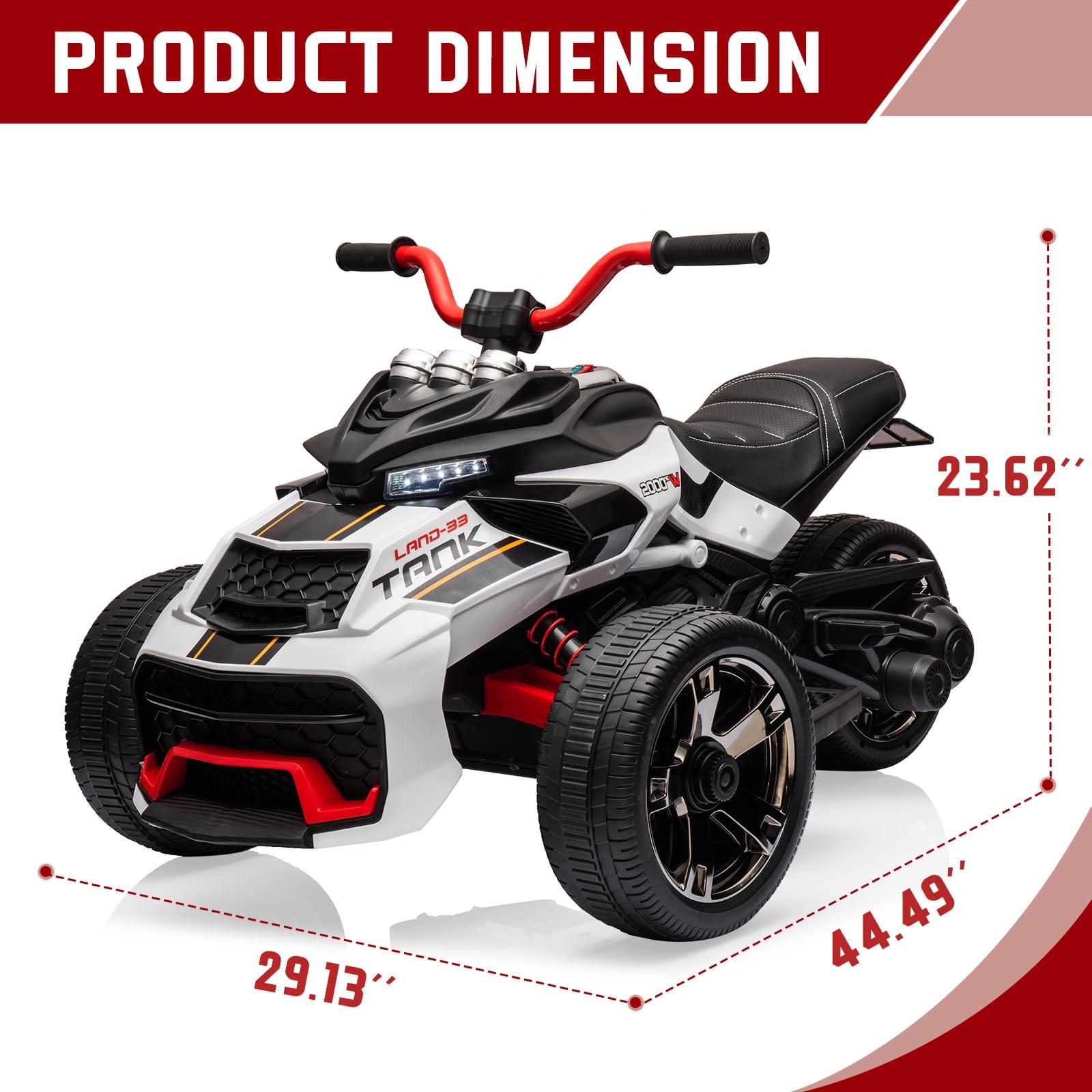EastVita 12V 3 Wheeler Ride on ATV Electric Motorcycle, Battery Powered Electric Vehicle w/LED Lights, High & Low Speed, Horn, Music, USB, Treaded Tires, Ride on Car White