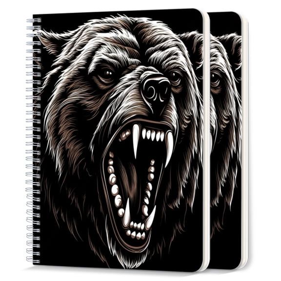Spiral Notebook,College Ruled Journal,8.26" x 5.71" 50 Sheets/100 Pages,2 Pack - Angry Bear Head on A Black Background