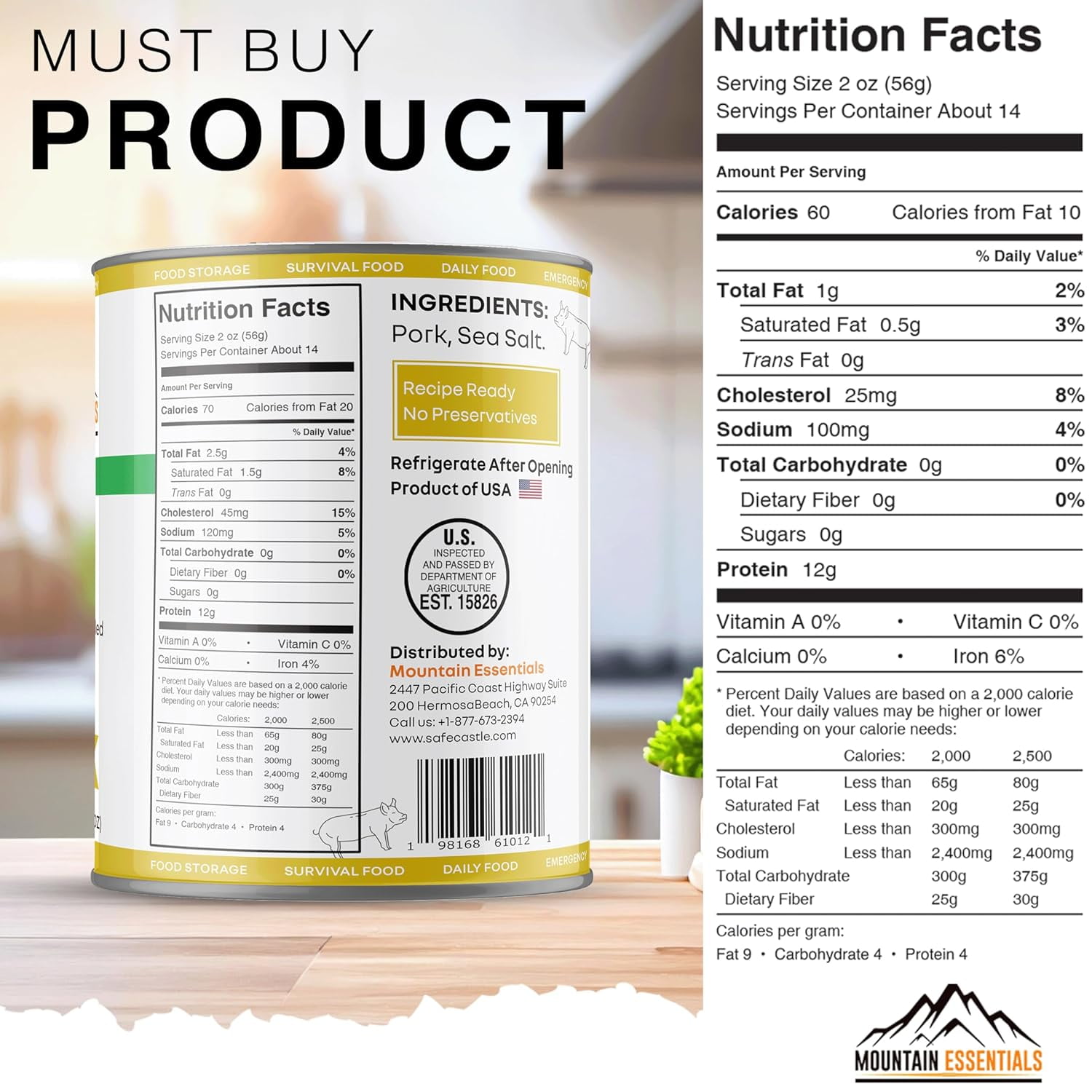 Mountain Essentials All Natural Canned Pork 28 oz, Fully Cooked Ready to Eat, Premium Meat for Emergency Survival, Camping, Food Storage, pack of 6