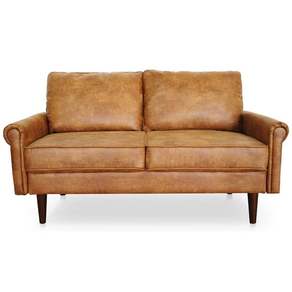 Koby Home Faux Leather Loveseat Sofa, Mid-Century 60" 2 Seater Couches Camel Brown