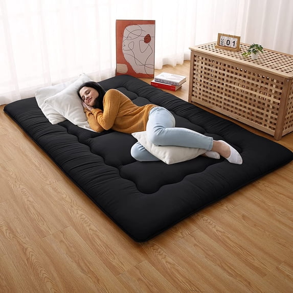 Japanese Futon Floor Mattress, Full Size Sleeping Mattress for Kids, Tatami Mat, and Camping, Roll Up Design for Easy Storage and Portability, Black