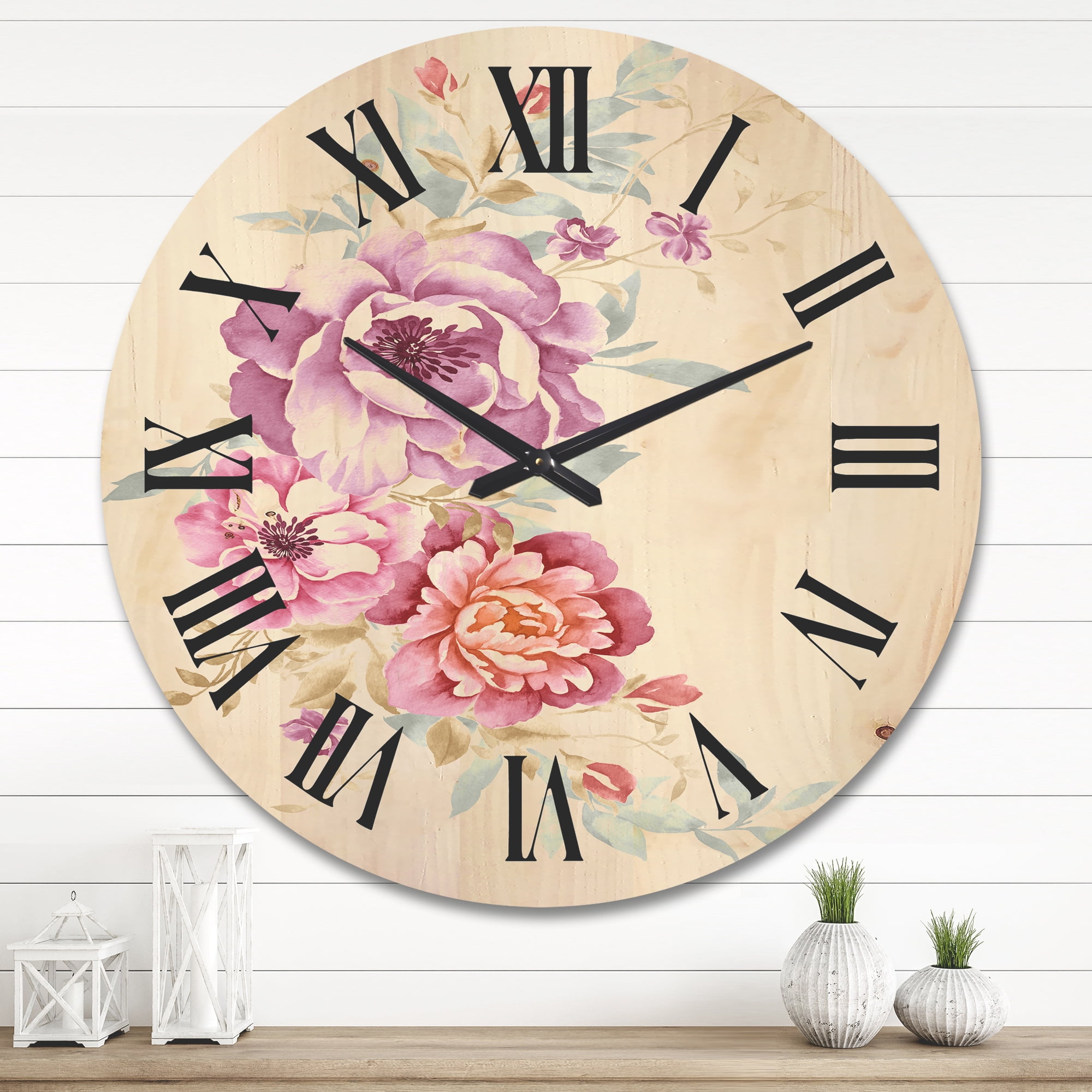 Designart 'Bouquet of Purple and Pink Flowers III' Farmhouse Wood Wall Clock