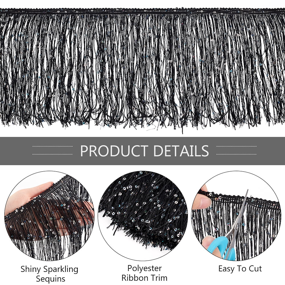 5M Paillette Tassel Polyester Ribbon Trim Clothes Accessories Black 7-7/8 inch(200mm) about 5.47 Yards(5m)/Bag DIY