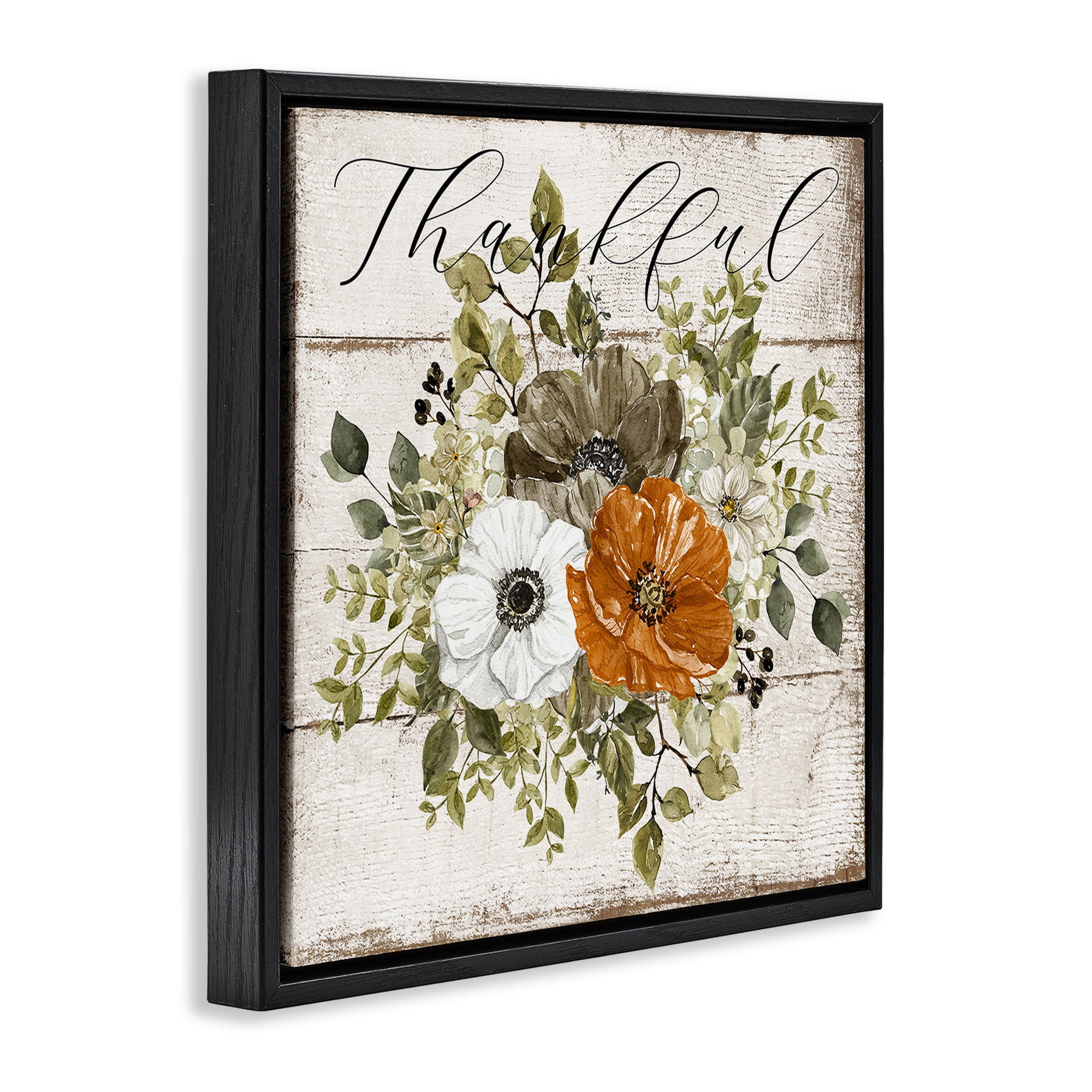 Stupell Industries Thankful Floral Pumpkin Holiday Painting Black Floater Framed Canvas Art Prints Wall Art, 18 x 18